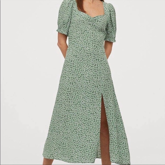 H&M Green Floral Midi Puff Sleeve Dress - Picture 3 of 7